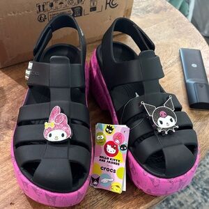 CROCS Womens Size 8 Black and Pink Hello Kitty Sandals